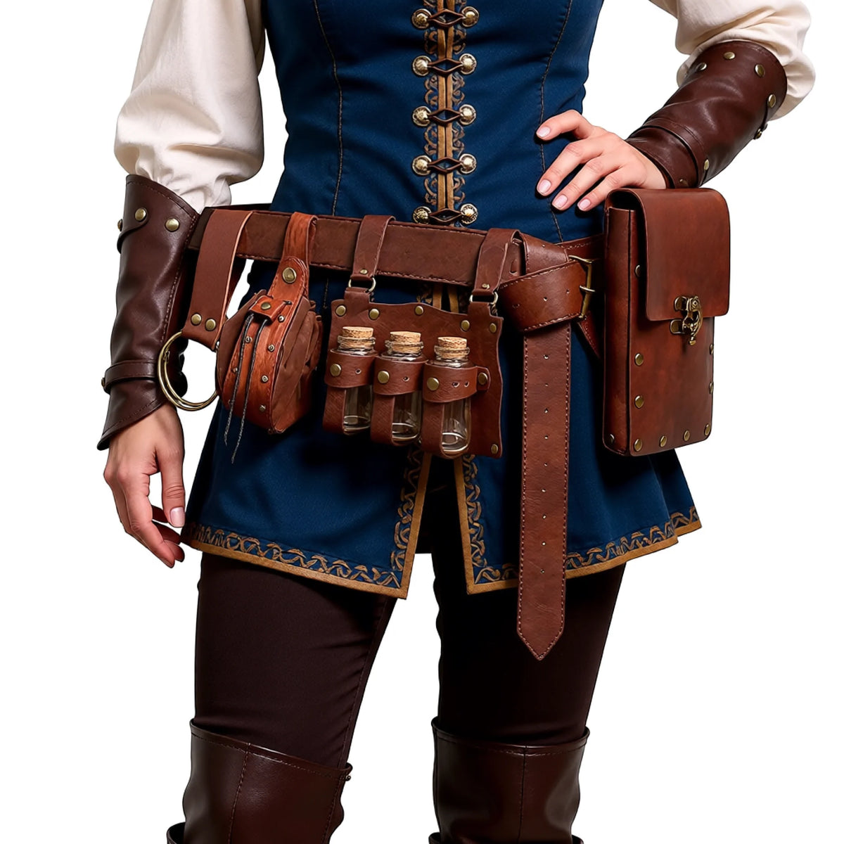 5Pcs/Set Medieval Faux Leather Belt Waist Bag Renaissance Steampunk Cosplay Accessories Set 