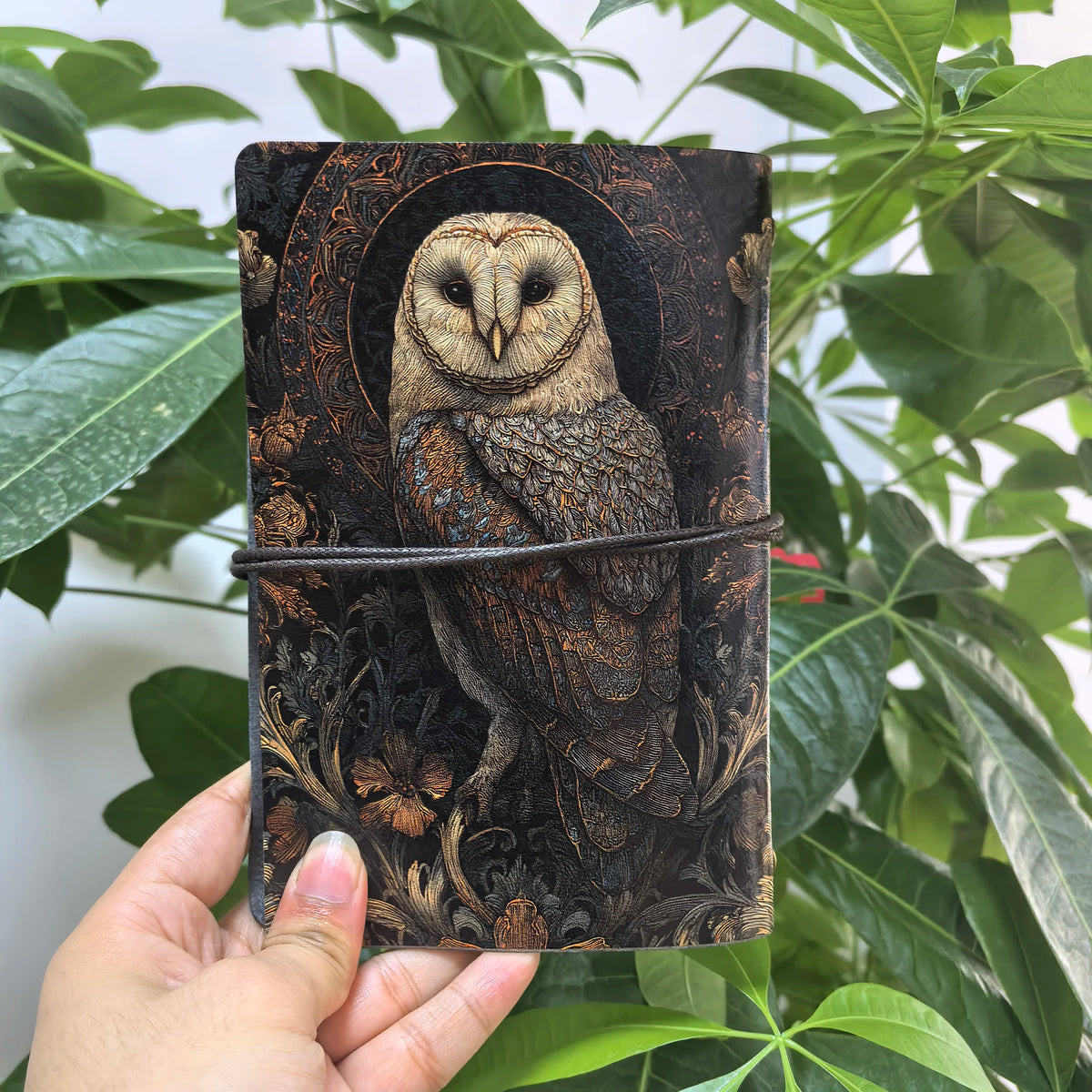 Barn Owl Embossed PU Leather Notebook Travel Journal With Feather Pendant Tie Rope