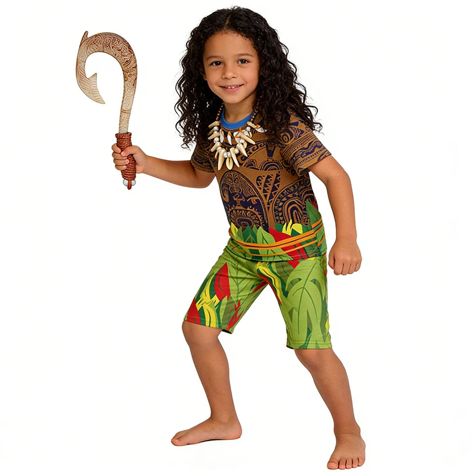Maui Kids Cosplay 2Pcs Print Moana Boys Swimsuits Top and Shorts Children's Swimwear Book Week Costumes