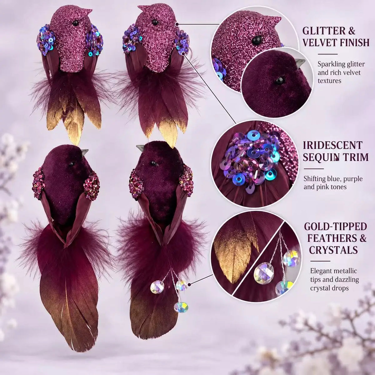 Purple Feather Birds 4PCS Christmas Clip On Tree Ornaments