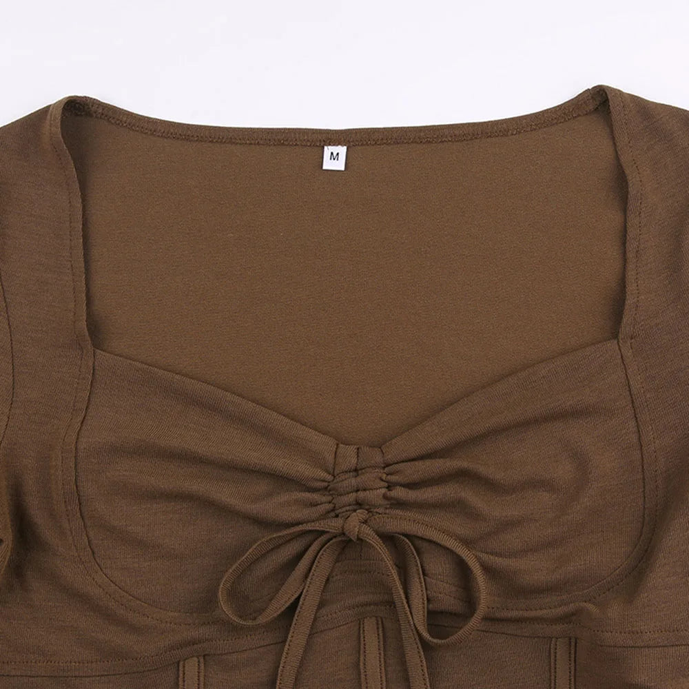 Y2k Chocolate Brown Flare Sleeve Top Matching Grunge Skirt