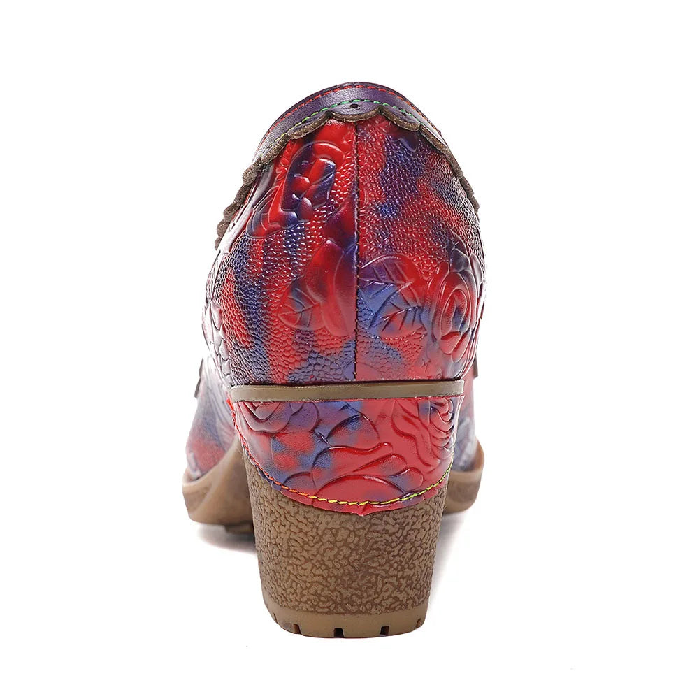 Sally's Embossed Genuine Leather Red Pump Heels Shoes