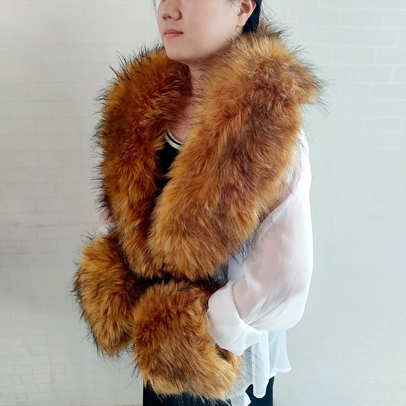 Large Faux Fox Fur Scarf Winter Warm Fluffy Collar And Cuff Sets 19 Colours
