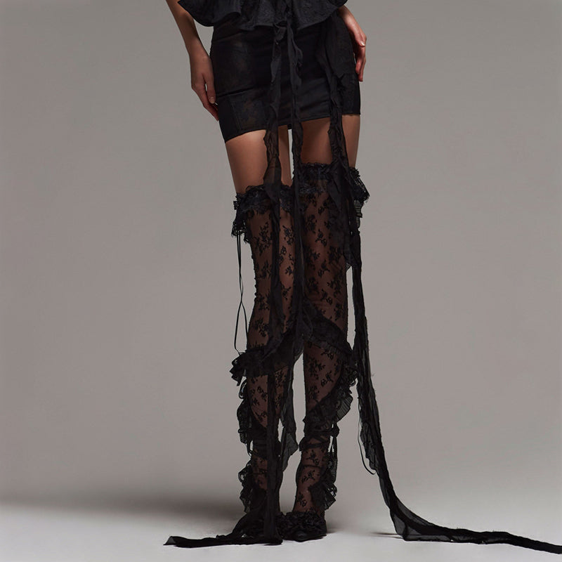Gothic Lolita Ruffle Long Stockings Cosplay Costume Floral Lace Thigh High Socks