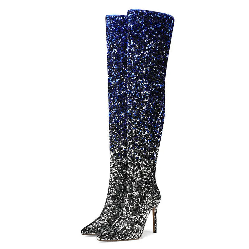 Galaxy Thigh High Boots Gradient Sequin Stretch Boots 11CM Heels