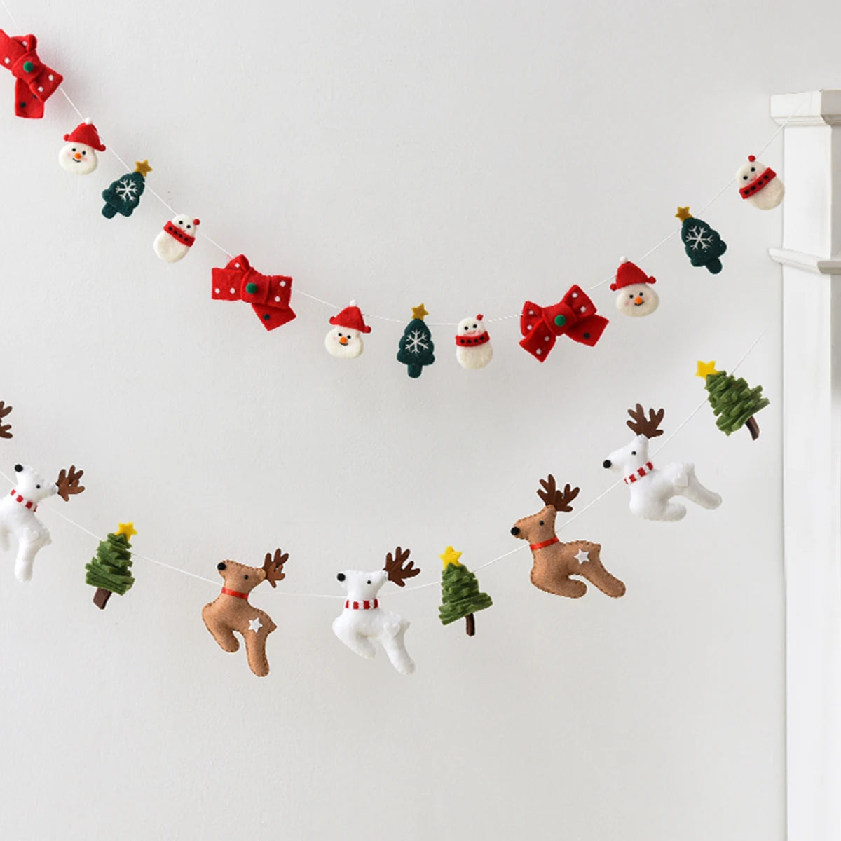 180cm Wool Felt Christmas Garland Handmade Snowman Reindeer Pom Pom Banner for Xmas Tree Wall Mantel Decor