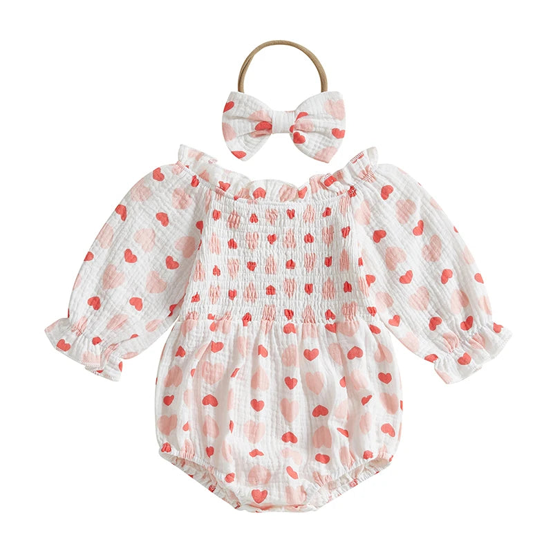 Valentines Day Easter St Patricks Christmas Baby Girls Heart Print Romper with Headband