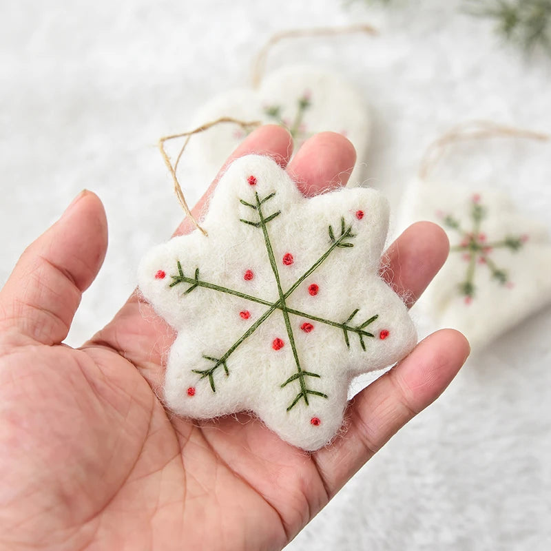 Set of Three White Christmas Handmade Embroidered Felt Mini Snowflake and Heart Christmas Tree Ornaments