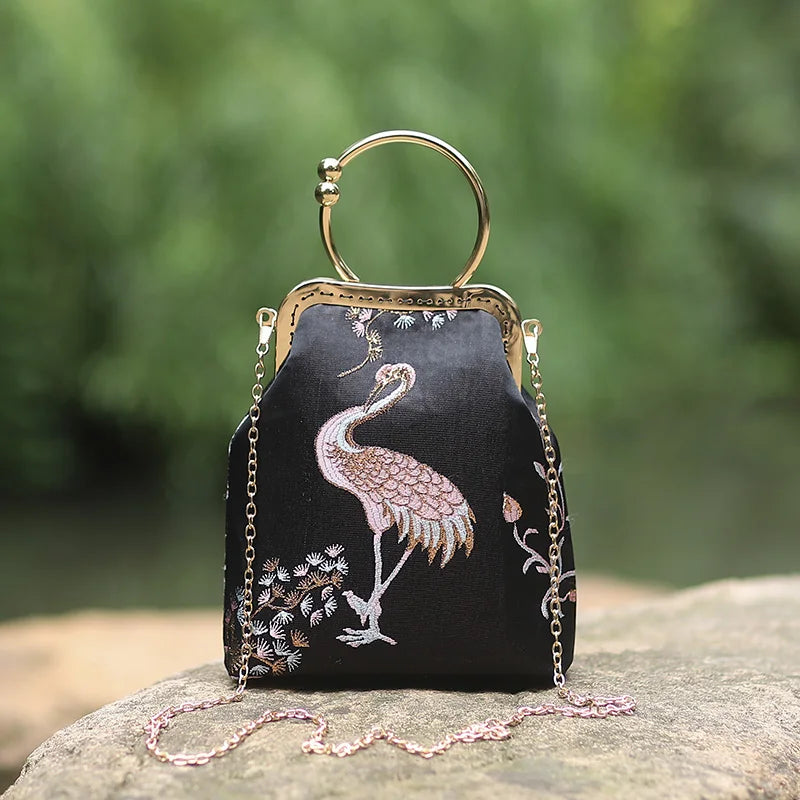 Embroidered Crane Vintage Inspired Handbag
