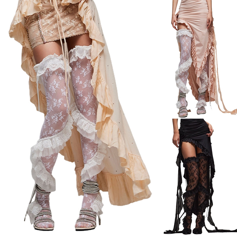 Gothic Lolita Ruffle Long Stockings Cosplay Costume Floral Lace Thigh High Socks