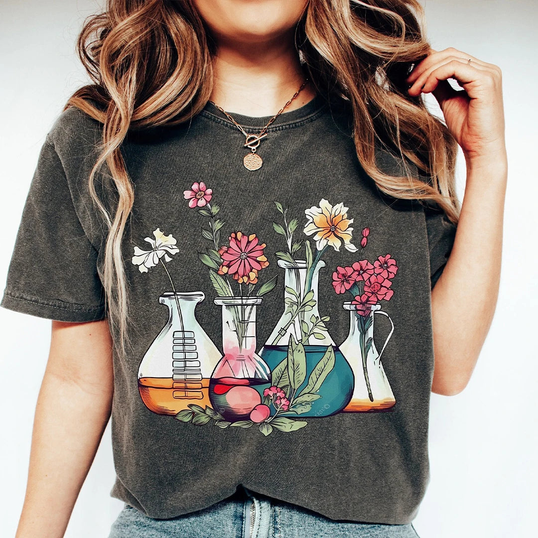 Floral Beakers Chemistry Lab Scientist T-Shirt Biology Teacher Cotton Tee