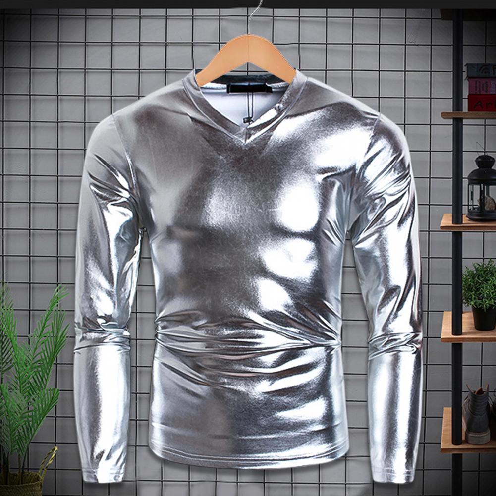 Men T-shirt Glossy Solid Long Sleeve Tops Nightclub Party Performance Wear