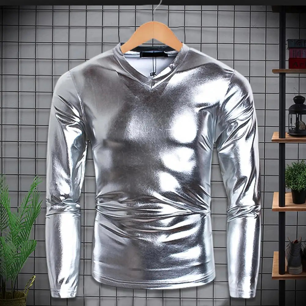 Men T-shirt Glossy Solid Long Sleeve Tops Nightclub Party Performance Wear
