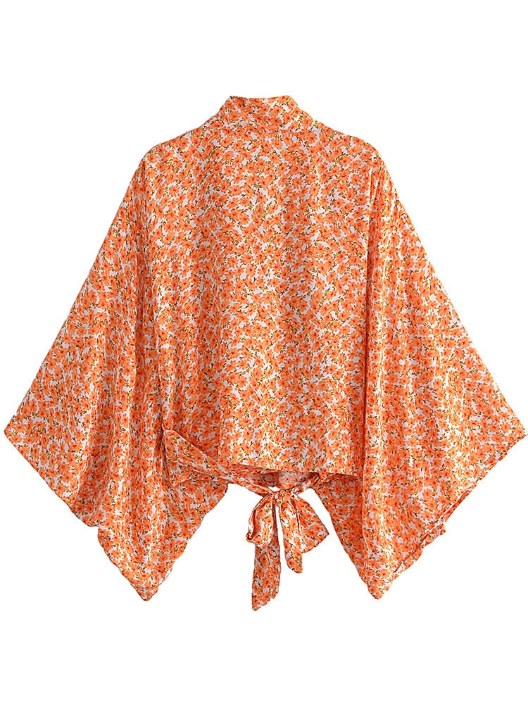 Tangerine Boho Floral Kimono Wrap Top
