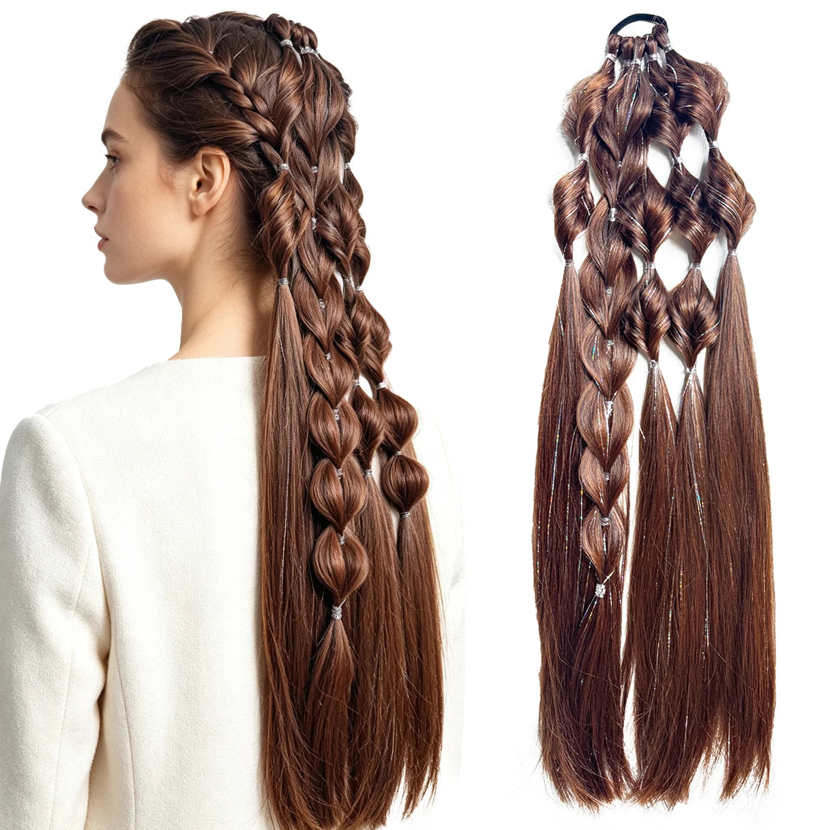 Synthetic 24-inch Bubble Lantern Braided Ponytail Hair Extension with Silver Glitter Wire