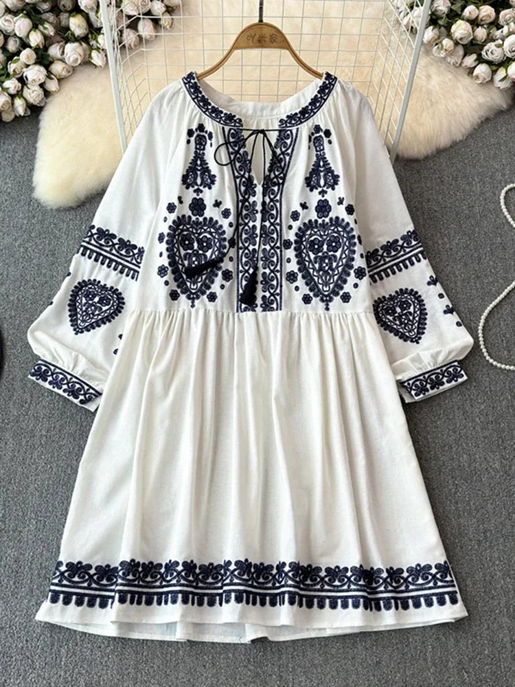 Georgia's Embroidered Boho Cotton Linen Long Sleeves Mini Dress