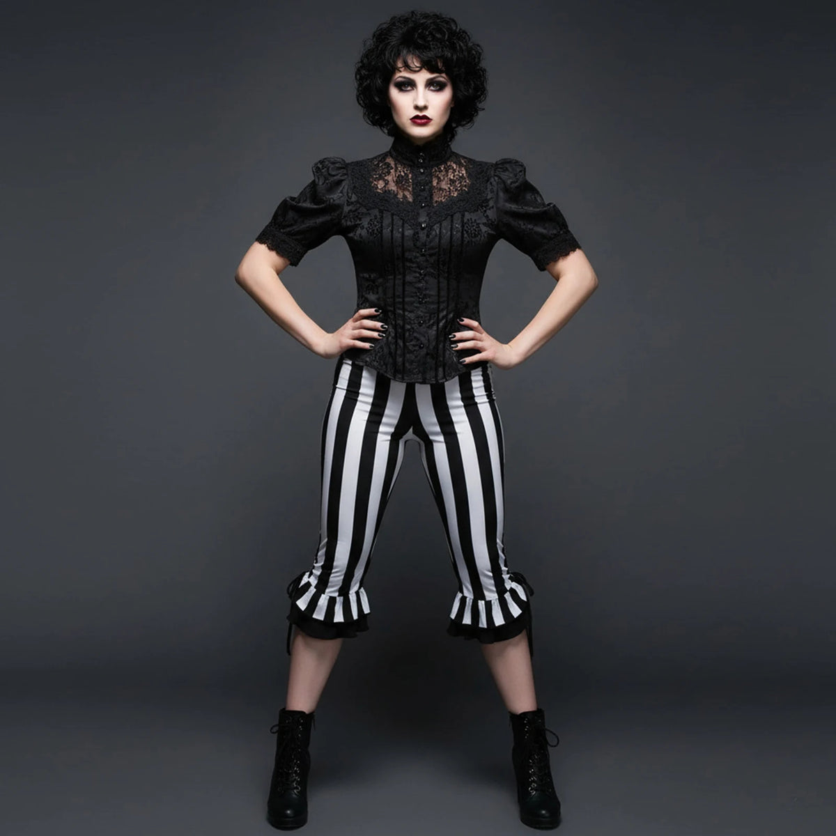 Women’s Black White Striped Capri Pants Slim Fit Bell Bottom Leggings Performance Wear Halloween Costumes