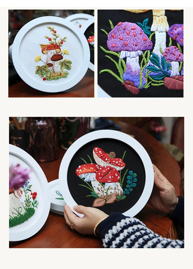 DIY Mushroom Embroidery Kit with Hoop Beginner Needlework Set