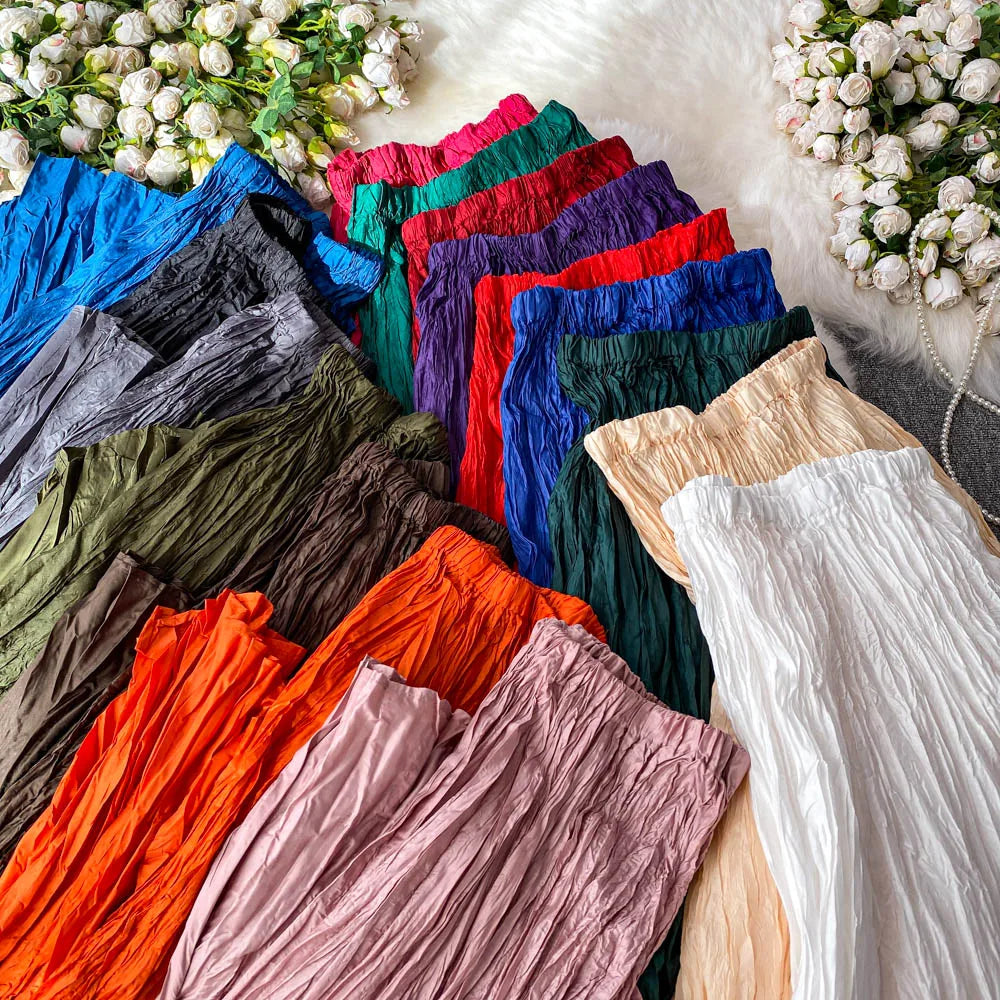 Crush Pleated Long Maxi Skirt Summer 15 Colours