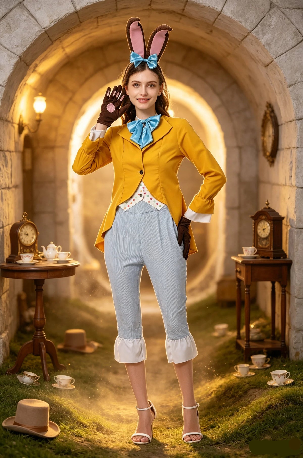 Women's Gentleman Rabbit Cosplay Costume Halloween Carnival Party Stage Performance Set With Bunny Ear Headwear Bow Tie Gloves