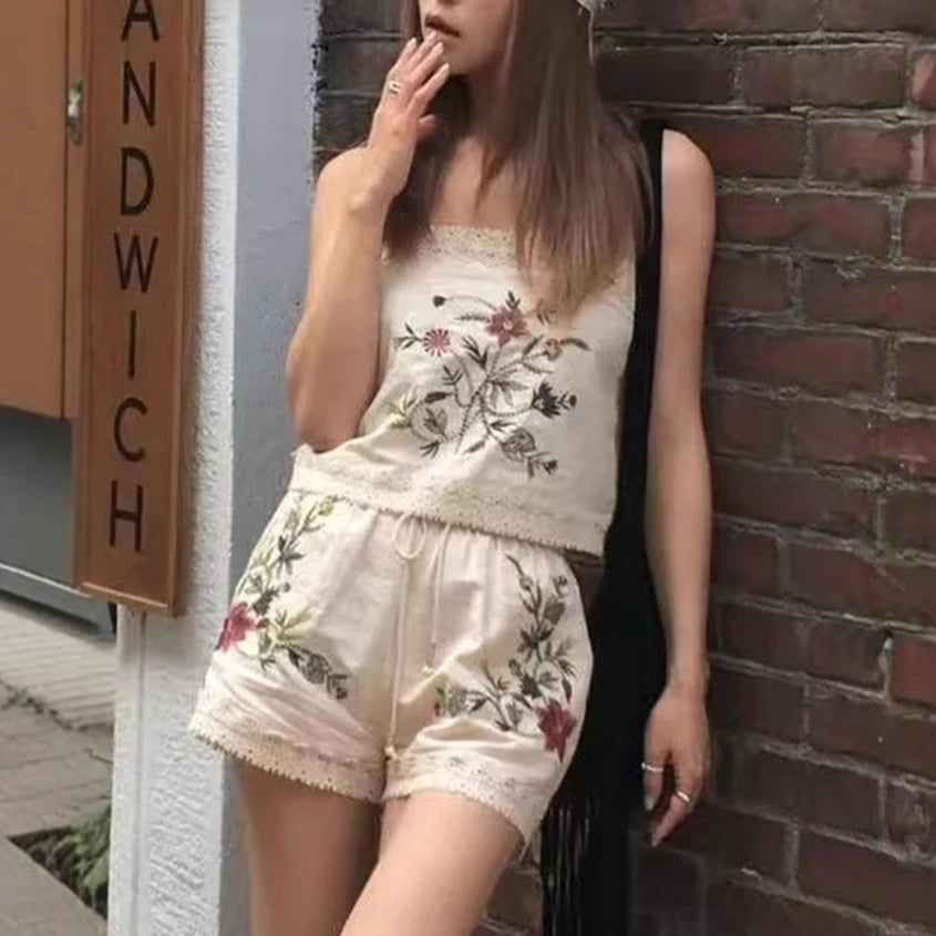 Terra's Boho Summer Cotton Linen Short Sets Camis Top Floral Folk Style Embroidery