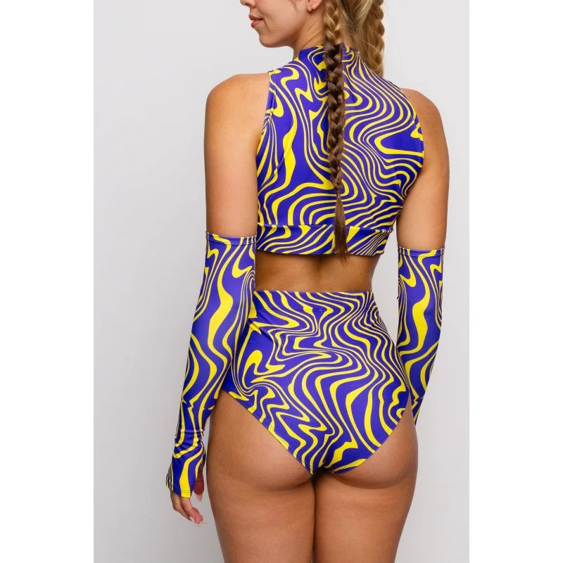 Roller Derby Performance Outfit Women High Neck Crop Set Rave Party Clubwear Printed Bodycon Set