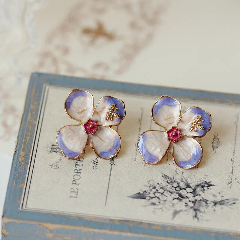 Enamel Purple Flower and Bee Stud Earrings Drip Glaze Gradient Petals
