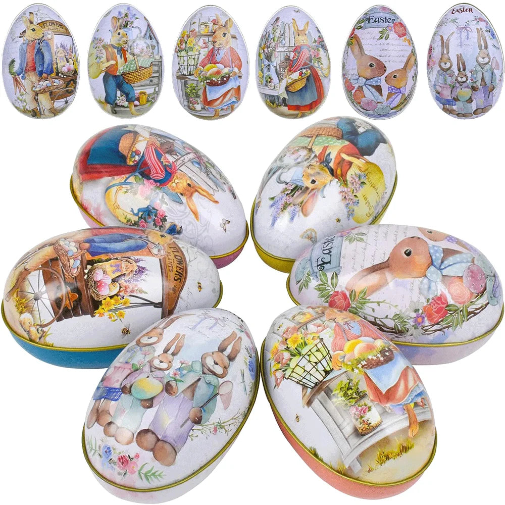 3 or 6 Large Medium Small Easter Eggs Bunny Pattern Metal Egg Shaped Candy Gift Box Easter Decoration