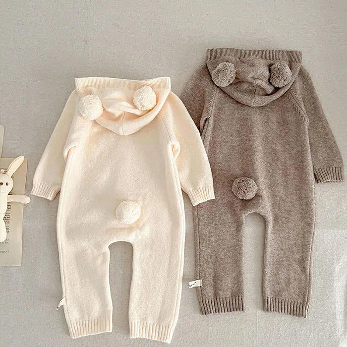 Baby and Toddler Knitted Romper Bear Bunny Ear Hooded Jumpsuits for Boys Girls