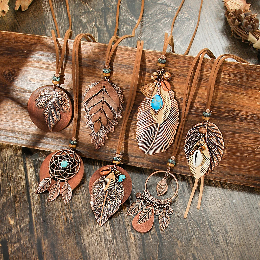 Forest Dweller Boho Leaf PU Leather Pendant Necklace Jewellery Sweater Chain
