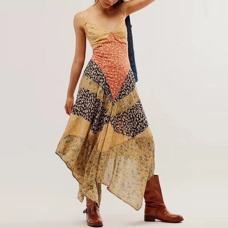 Estrella's Asymmetrical Patchwork Scarf Dress Backless Tie-Up Summer Dress