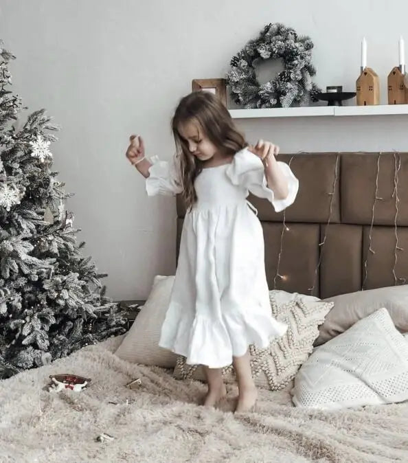 Girls Cotton and Hemp Bubble Sleeve Princess Dress