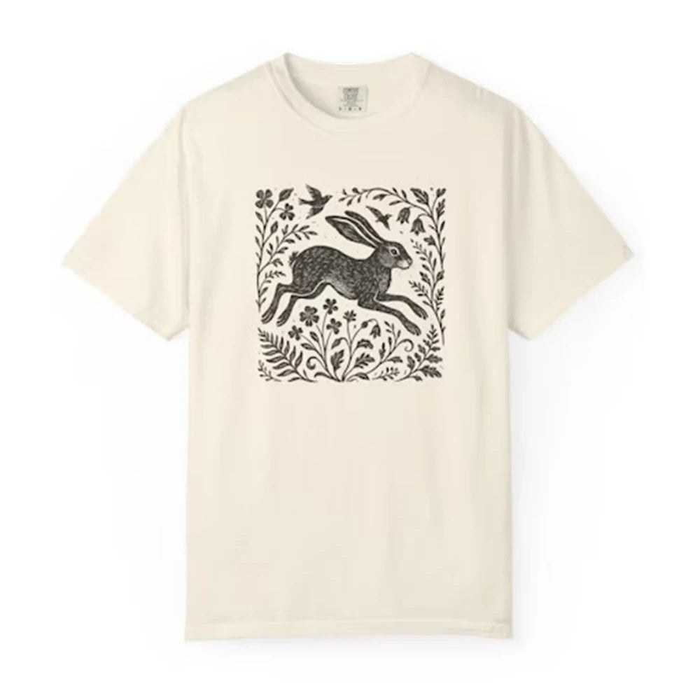 Wild Hare Linoprint T-Shirt Folk Art Forest Animal Naturecore Tee