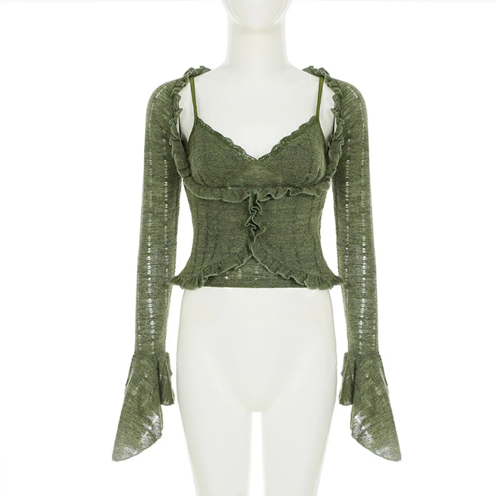 Y2k Dark Green Long Sleeved Ruffle Top Matching Skirt Goblincore