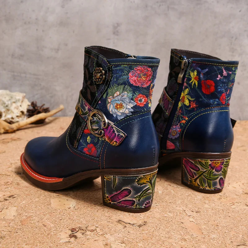 Violet's Floral Boots Genuine Leather Hand-painted Short Boots