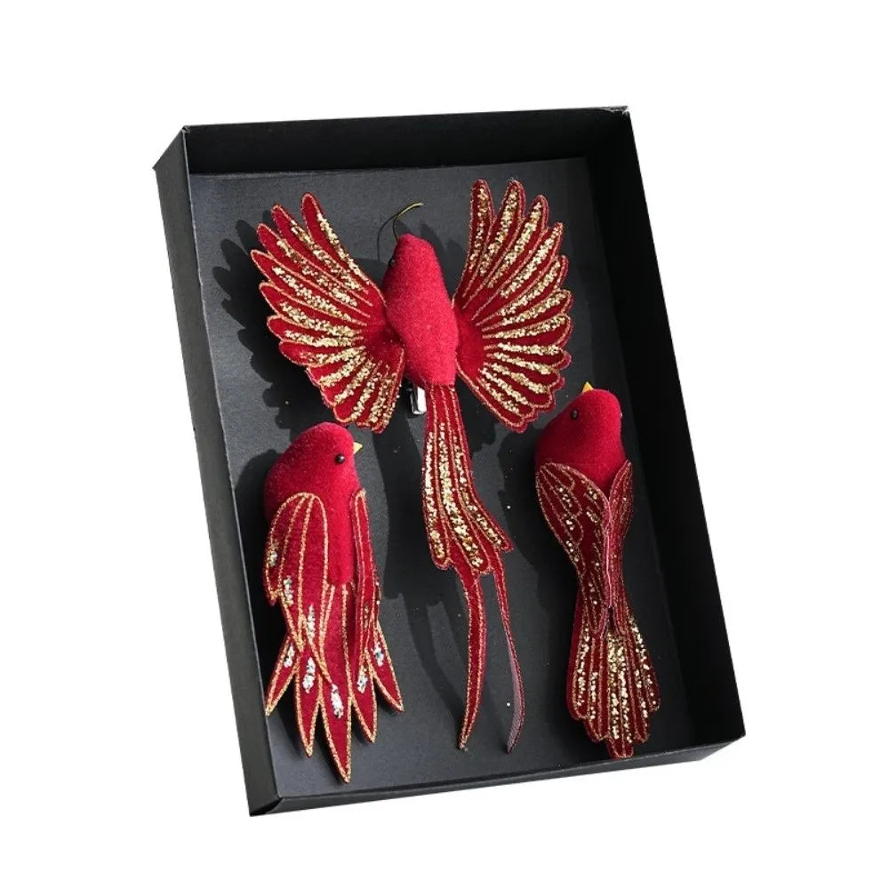Set of Three Handmade Glitter Finish Christmas Tree Bird Decoration