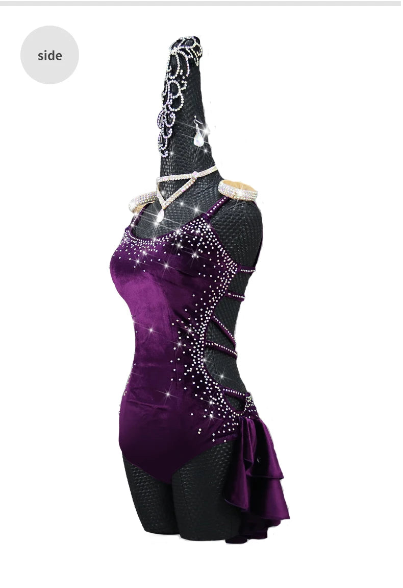 Purple Velvet Latin Dance Competition Bustle Dress Line Skirts Stage Costume