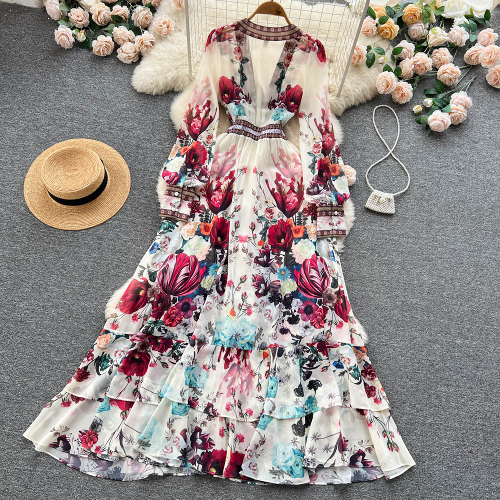 Mandy's Spring Boho Floral Chiffon Cascading Ruffles Dress