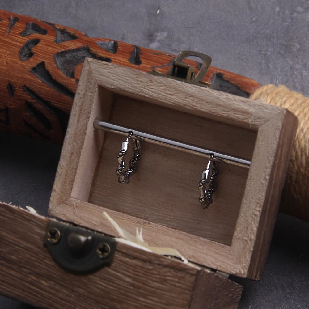 Viking Rope Stainless Steel Huggie Hoop Earrings for Men with Wooden Box