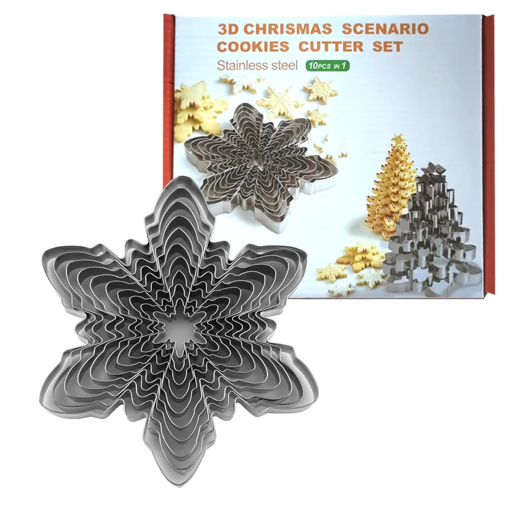 10pcs/set Christmas Snowflake Cookie Cutter Stainless Steel Fondant Biscuit Embossing Mould Baking Accessories Kitchen Tools
