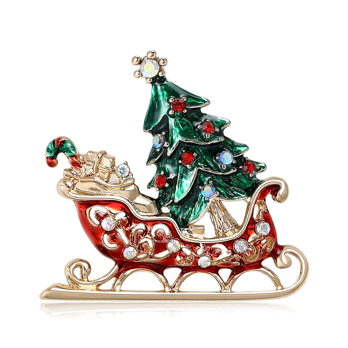 Enamel Christmas Tree Sleigh Brooches