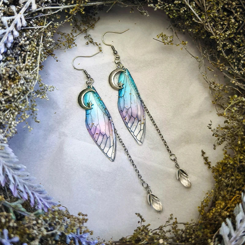 Crescent Moon Fairy Wings Crystal Quartz Dangle Earrings