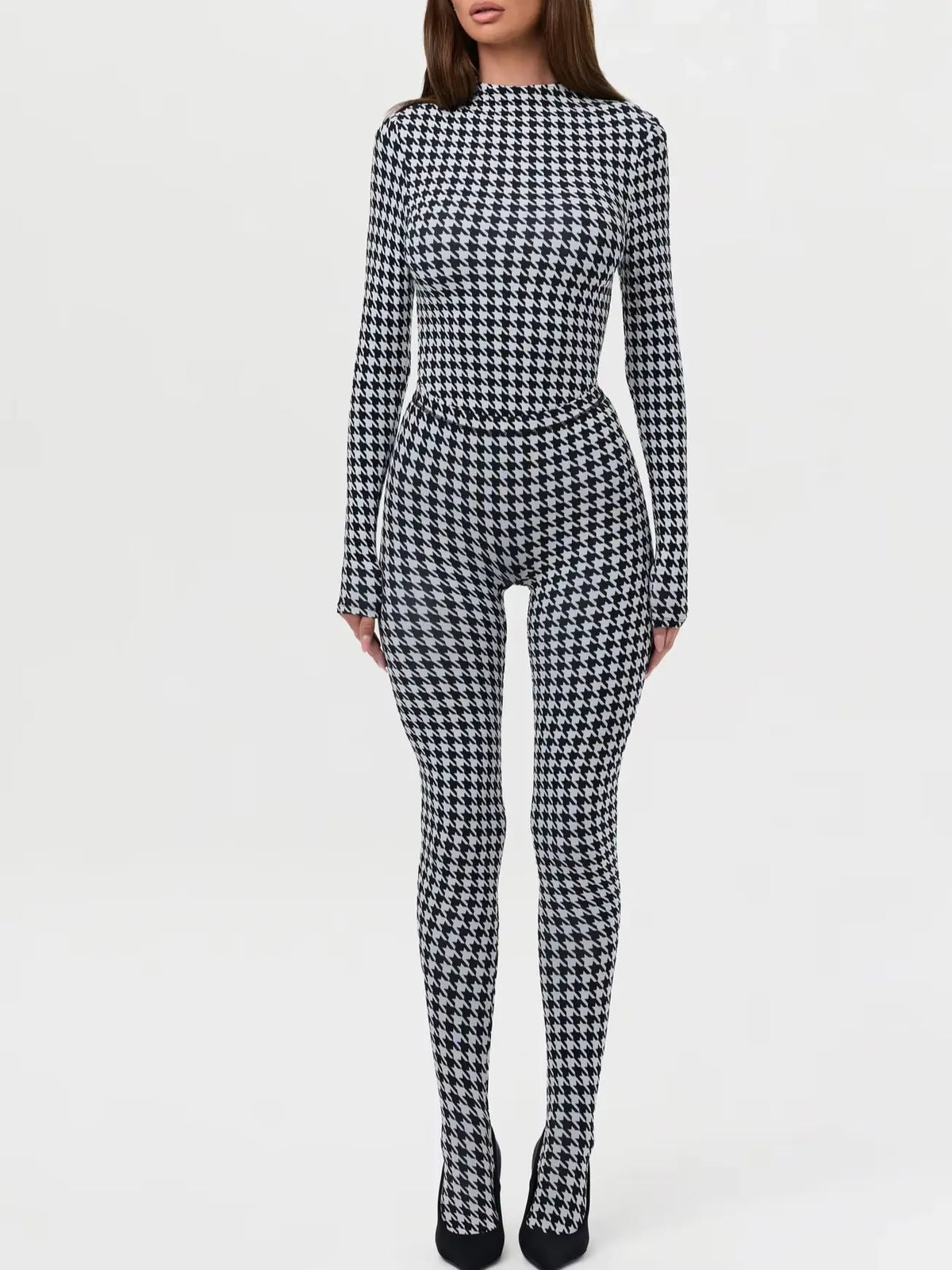 Women's Houndstooth Print High Neck Long Sleeved Top High Waist Slim Fit Jumpsuit Mid Century