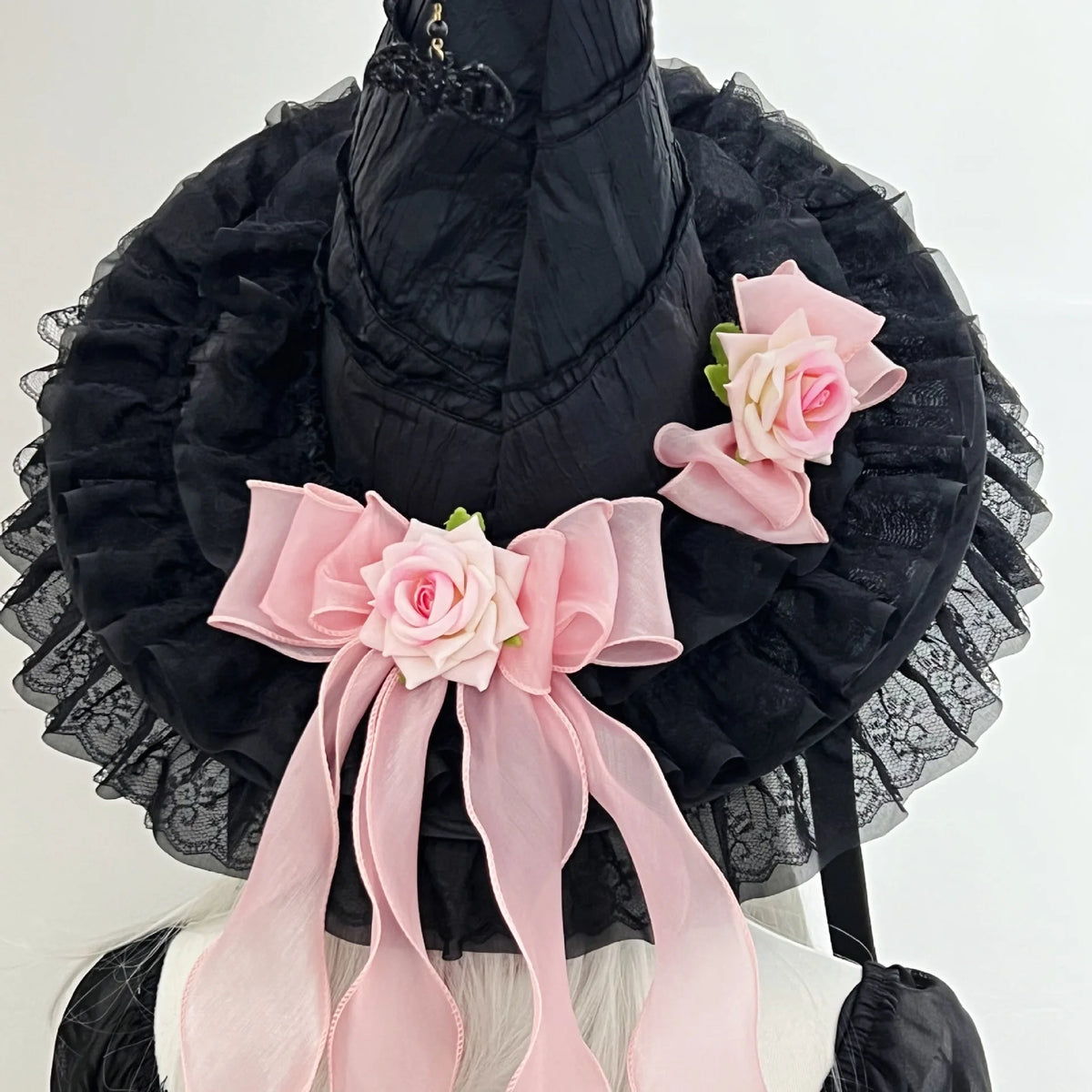 Gothic Witch's Hat Black Ruffled Lace Rose Bow Ribbon Halloween Party Cosplay Costume Props Decor