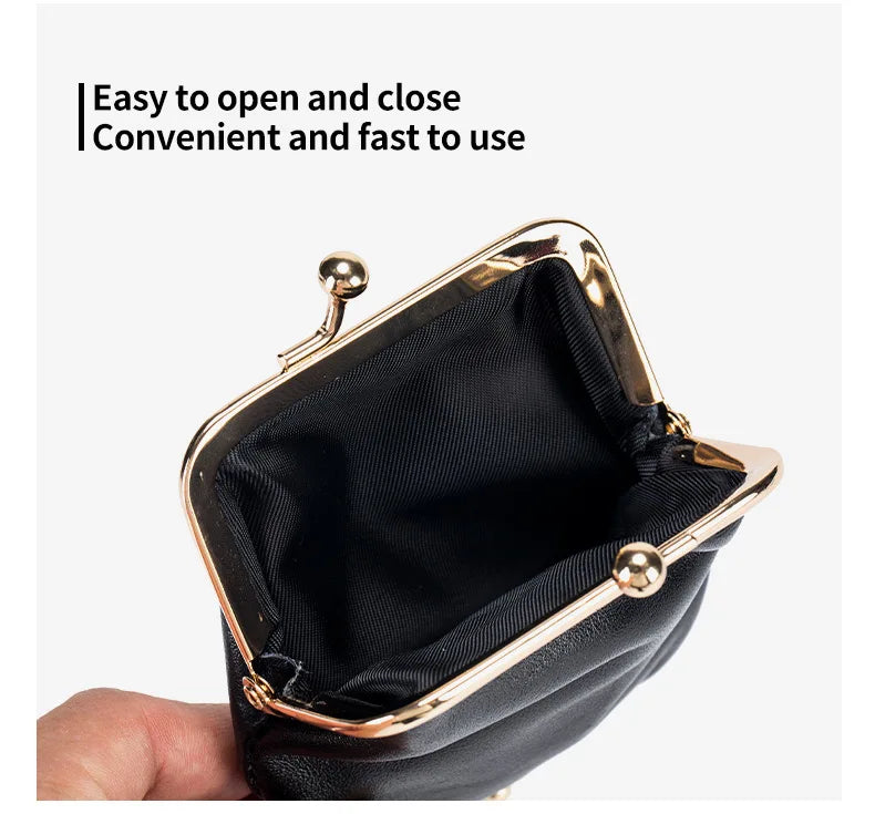 Genuine Leather Double Clamp Coin Purse Small Wallet Bag Pouch