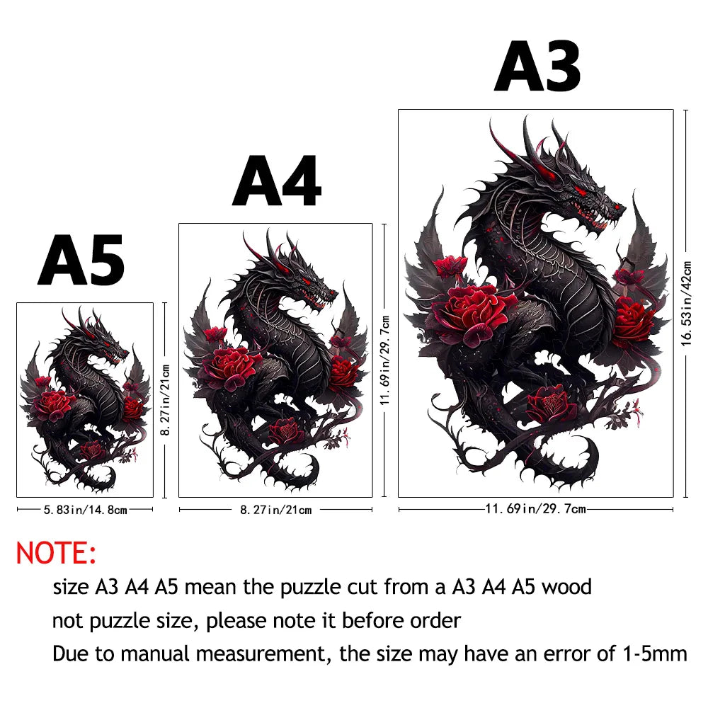 Gothic Rose Flying Dragon Wooden Jigsaw Puzzle Irregular Shaped Pieces