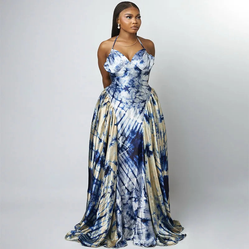 Makayla's Satin Floral Lace-up Backless Maxi Dresses