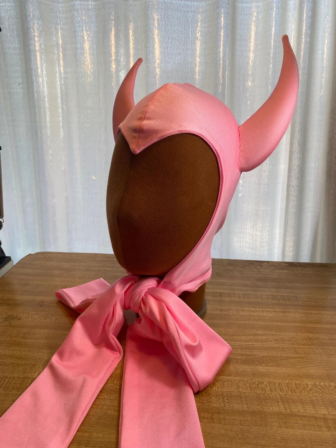 Vintage Horned Devil Red/Black Satin Bonnet Hood Headpiece Halloween Costume Party