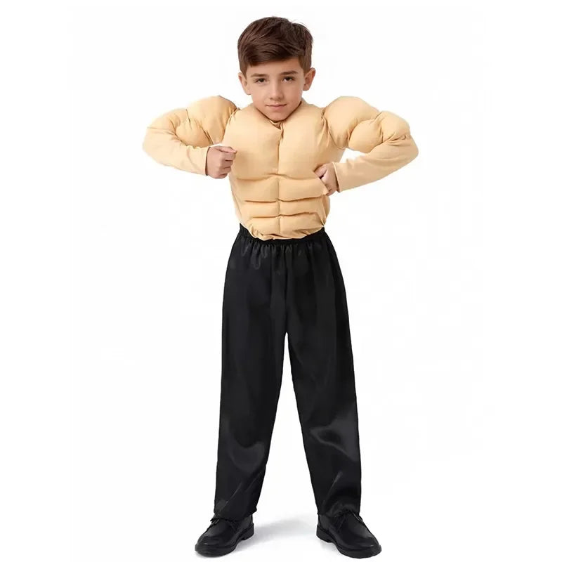 Hercules Fake Muscle Man Abs Costume Top and Pants for Boys Funny Halloween Book Week Costume