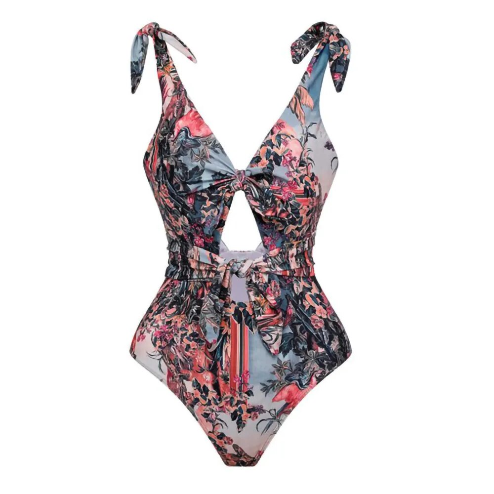 Lillian's Glam Print One Piece Hollow Swimsuit Matching Chiffon Pants